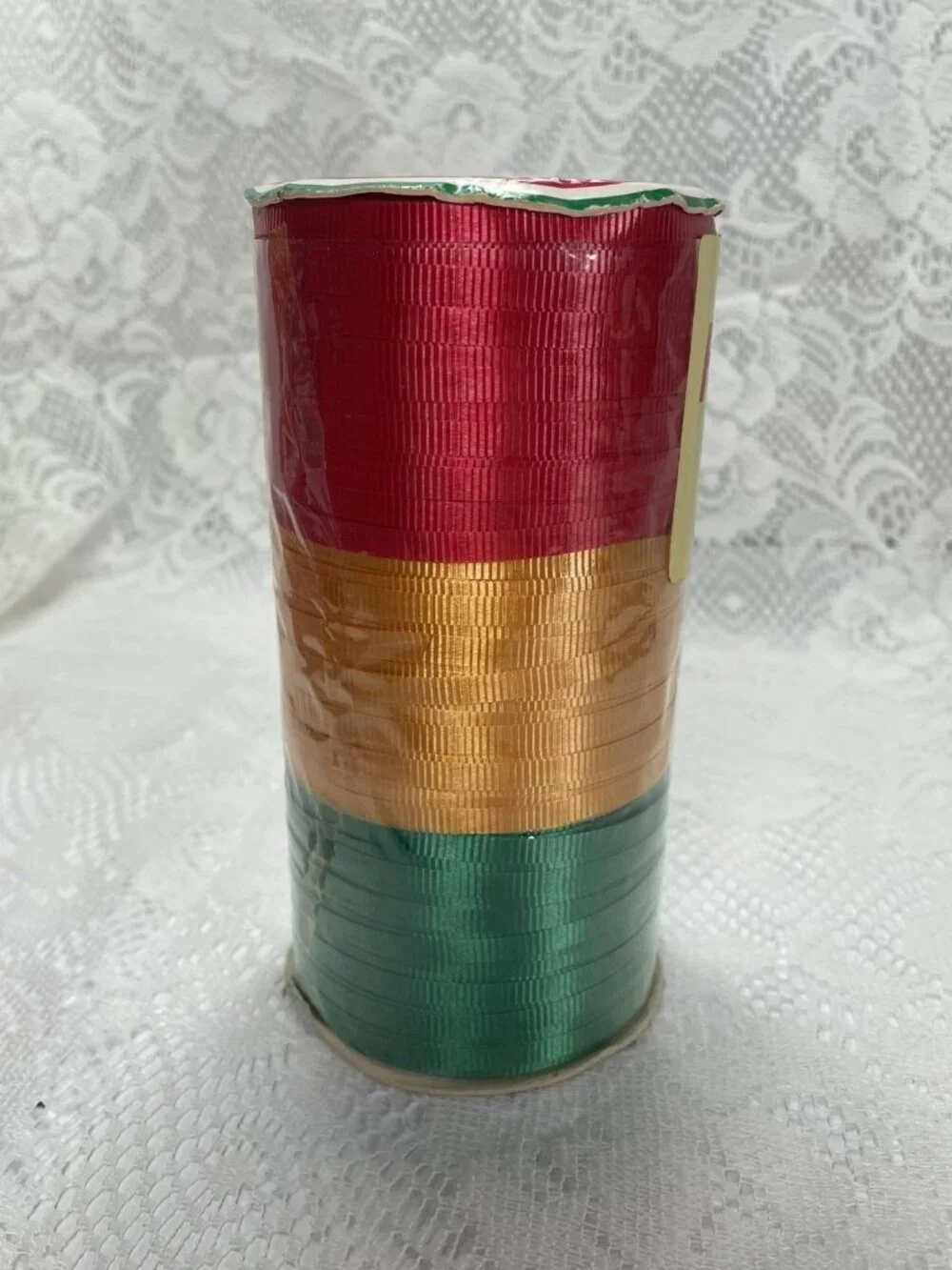 1970s Vtg Burwick Curling Ribbon 3 Color Spool Green Gold Red Orig Sticker USA